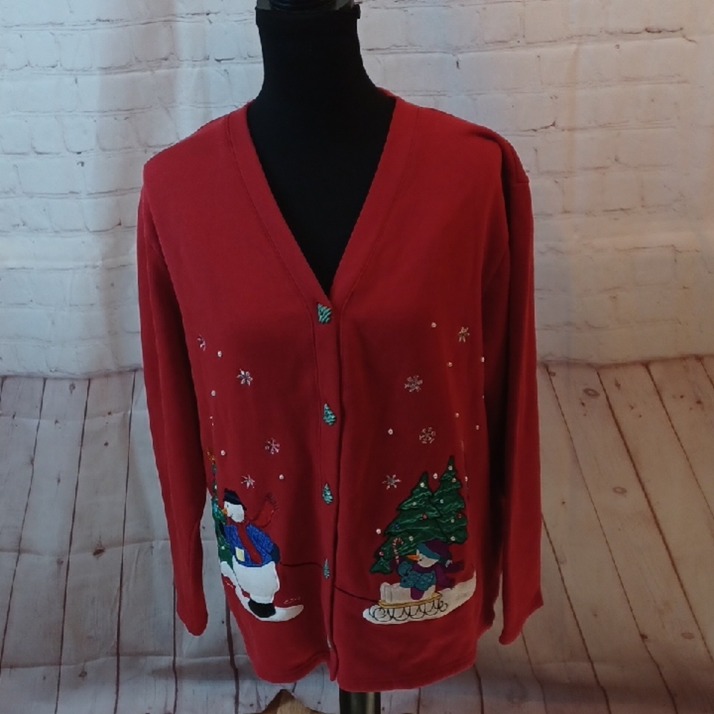 Karen Scott  Womans  Fleece Snowman Jacket  W/ Christmas Tree Buttons XL